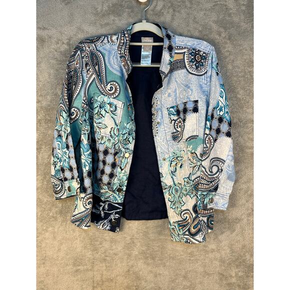 Chico's Linen Jacket Medium Plus Paisley Snap Button Country Club Preppy - Picture 2 of 6